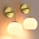 Battery Operated Wall Sconces Set of 2, Rechargeable Wall Lights with Milk Glass Shade, 12 RGB and 3CCT Dimmable, Wireless Wall Lamps with Remote for Bedroom Living Room Hallway, Gold