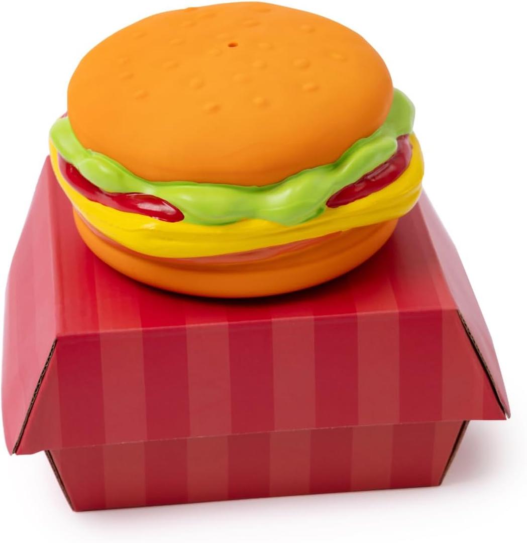 Dog Toy - Hamburger Themed Design, Extremely Durable, Squeaky, Perfect Chew and Fetch Toy, Unique Burger Packaging
