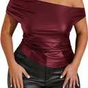 MakeMeChic Women's Plus Size Leather One Shoulder Tops Ruched Fitted Club Top Early Fall Fashion (3X-Large Plus, Burgundy)