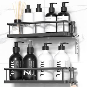 YASONIC Shower Caddy Adhesive, Rustproof Shower Shelves for Inside Shower, Large Capacity Bathroom Organizers and Storage, Shower Storage with Removable Hooks, No Drill Bathroom Accessories Black (2 Pack)