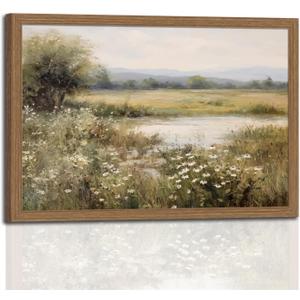 Framed Canvas Wall Art – Spring River Landscape with Wildflowers Painting, Vintage Decor, Farmhouse Wall Decor for Home, Office, Bedroom, Living Room Decor 16x24in