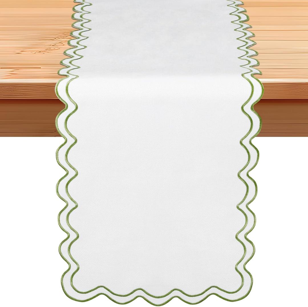 72 Inches Scalloped Edge Table Runner, Double Linen Fabric Table Runner Outdoor, Rustic Dining Decor for House Kitchen Coffee(Sage Green,White)