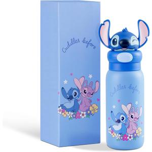 MINISO Disney Stitch Bottle, 20oz Lilo&Stitch Insulated Stainless Steel Bottle, Cartoon Vacuum Insulated Tumbler, Leak Proof Flip Top Stitch Cup for Sport Travel Office (Blue-SDZ)