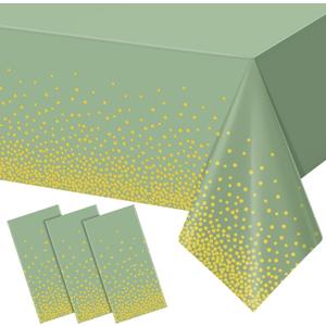 FunnyPars 3 Pack Sage Green and Gold Plastic Tablecloth, Green Disposable Table Cloth for Rectangle Tables, Gold Dot Light Green Tablecloth for Baby Shower Birthday Wedding Party Decorations, 54"x108"