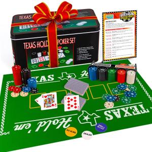 Gamie Texas Holdem Poker Game Set - Includes Holdem Mat, 2 Card Decks, Chips, Chip Holder and Tin Storage Box - Fun Game Night Supplies - Cool Casino Gift for Kids & Adults