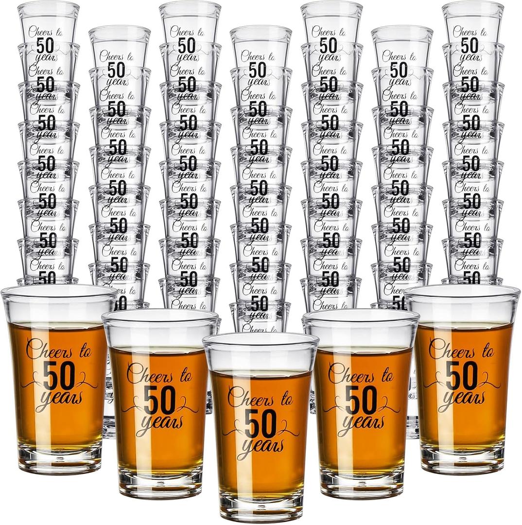 Hushee 100 Pcs 50th Birthday Shot Glasses Bulk, 1.4oz Cheers to 50 Years Shot Glass Cute 50th Birthday Party Favors for Guests, Decorations Shot Glass for Birthday Party, Wedding, Company Anniversary