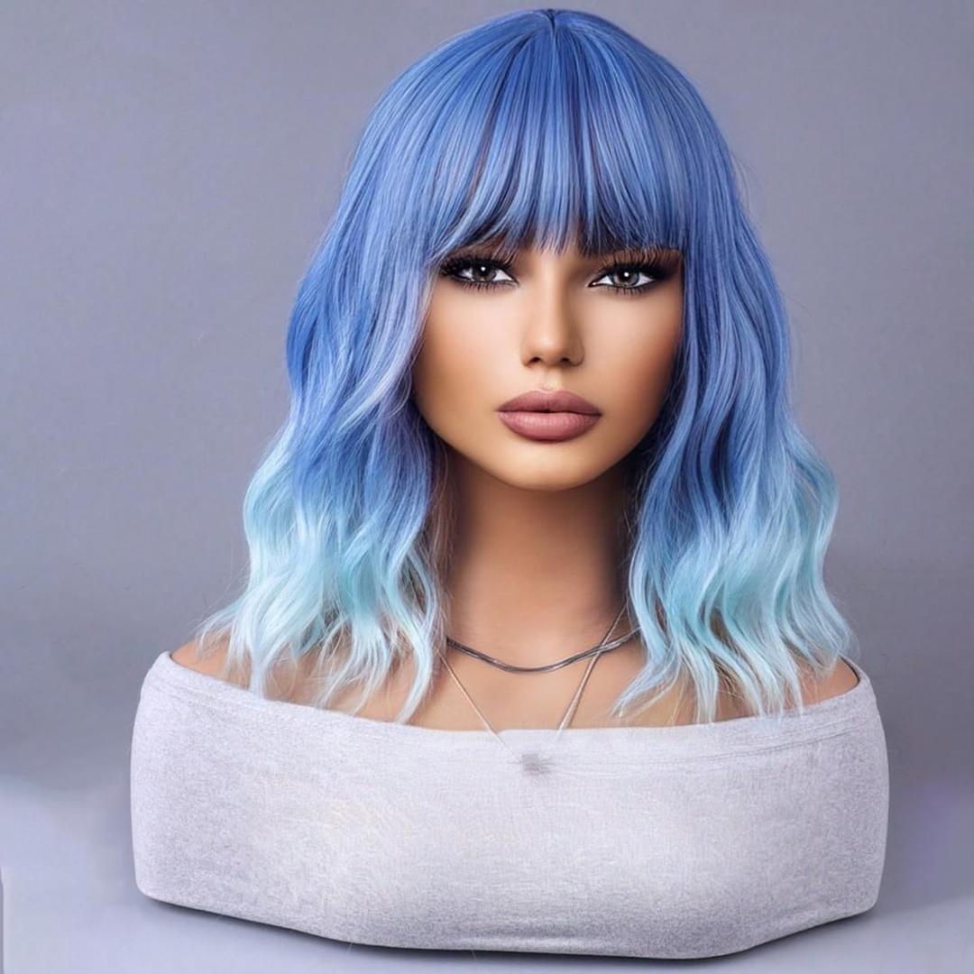 Ombre Blue Wigs for Women Short Curly Wavy Blue Wig for Girls Short Bob Wig With Bangs Heat Resistant Synthetic Wigs for Cosplay Costume Party (Blue Ombre Wig)