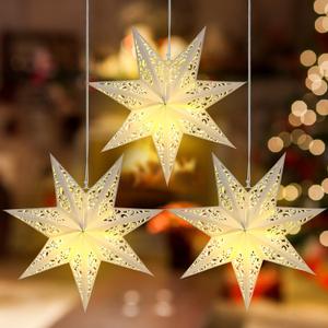 3 Pcs Christmas 20 Inch Paper Star Shaped Lantern Decorative 7 Point White Paper Lanterns with 6 Pcs Lights LED Hanging Hollow out Star Lampshade for Ceiling Indoor Outdoor Window Wedding Decorations
