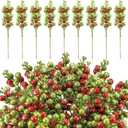 48 Pcs Christmas Glitter Berry Stem 8 Inch Red Green Artificial Holly Berry Pick and Spray Christmas Tree Filler Branche Ornament for Xmas Wreath Craft Vase Filler Decor