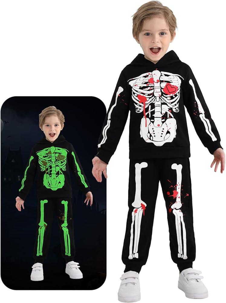 Kid Boy Girl Halloween Outfit Pumpkin/Skeleton Print Long Sleeve Hood Pullover Sweatshirt +Long Pants 2Pcs, Size: 5-6 Years