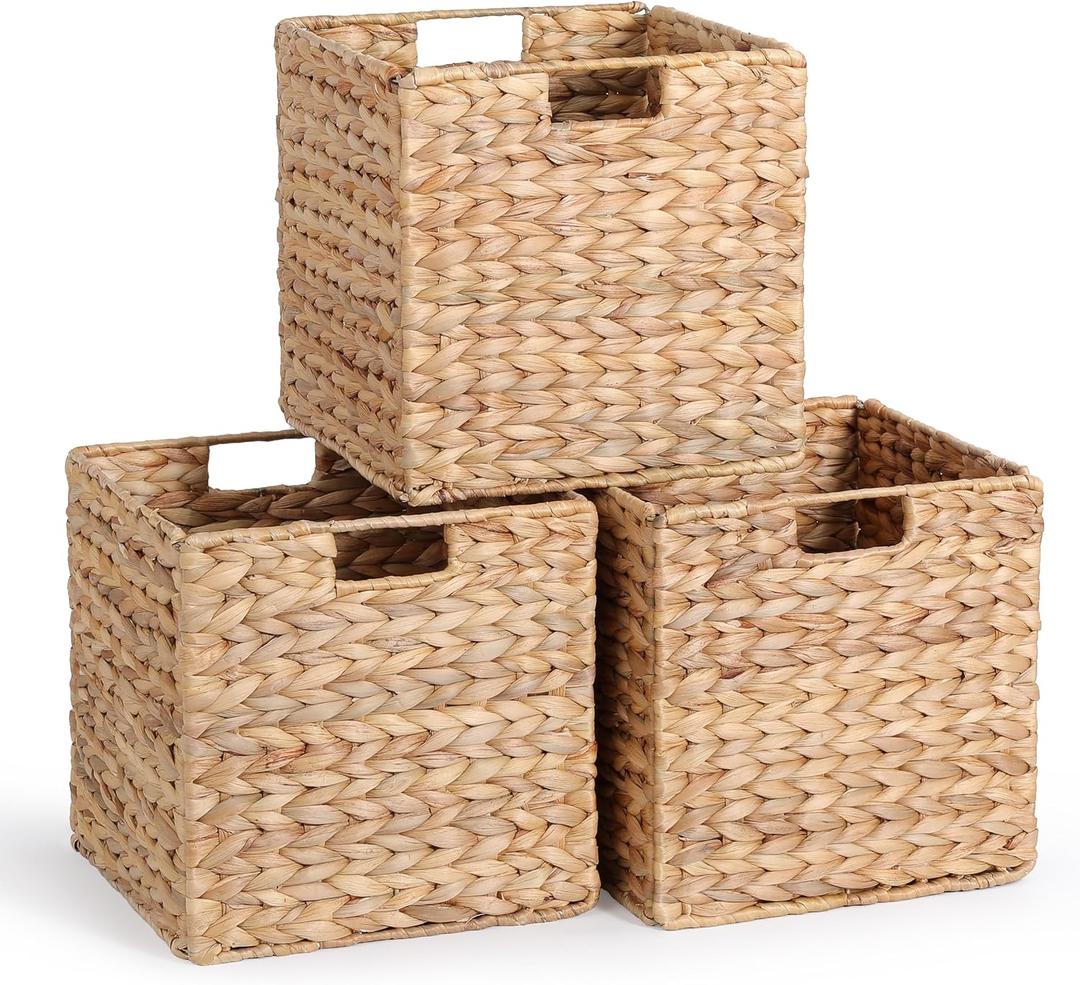 12 x 12 x 12in Water Hyacinth Storage Baskets, Wicker Storage Baskets for Shelves, Foldable Square Bins for IKEA Kallax Set of 3, Large Cubby Rattan Basket, Wicker Basket for Organizing
