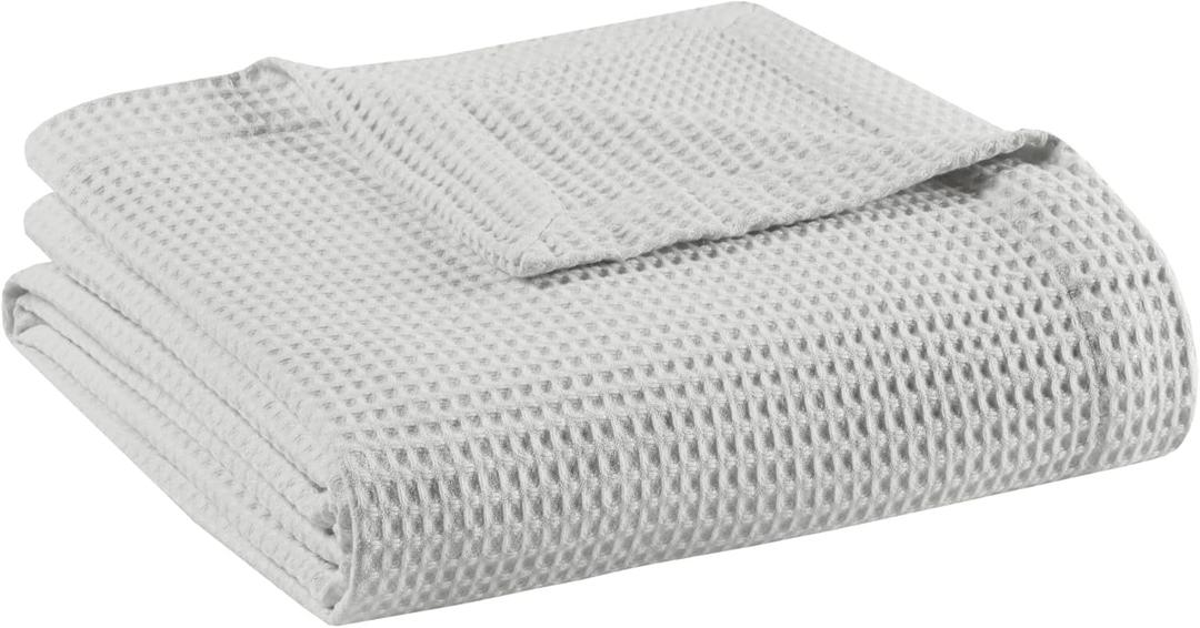 Madison Park 100% Cotton Blanket, Trendy Woven Waffle Weave Design, All Season, Lightweight, Breathable, Soft and Cozy Casual Summer Cover, for Bed, Couch and Sofa, Twin(66 in x 90 in), Grey