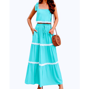 Womens Two Piece Skirt Set 2024 Summer Sets Tank Top Maxi Skirt Beach Vacation Outfits with Pockets, Size Large 