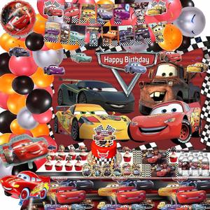 Cartoon Themed Birthday Party Decorations Set - Includes Banner, Backdrop, Tablecloth, 52 Latex Balloons, 3 Foil Balloons, 10 Chocolate Stickers, Cup Labels and Round Stickers