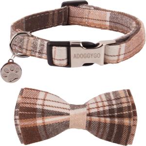 ADOGGYGO Soft Dog Collar, Brown Plaid Pet Collar with Detachable Bow Tie Adjustable Plaid Bowtie Collars for  Dogs Pets (Large)