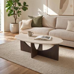 Honyee Oval Coffee Table 47 Inch, Travertine-Look Living Room Center Table, | Spacious 47-Inch Oval SurfaceWarm Travertine-Look TextureSculptural Curved Cross-Leg BaseQuick 15-Minute Assembly, 47 Inche