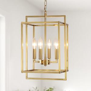 KOSTOMO 4-Light Gold Lantern Chandelier, Rustic Farmhouse Rectangle Pendant Light, Adjustable Height Modern Dining Room Light Fixture for Kitchen Island Living Room Entryway Foyer 10.8Inch