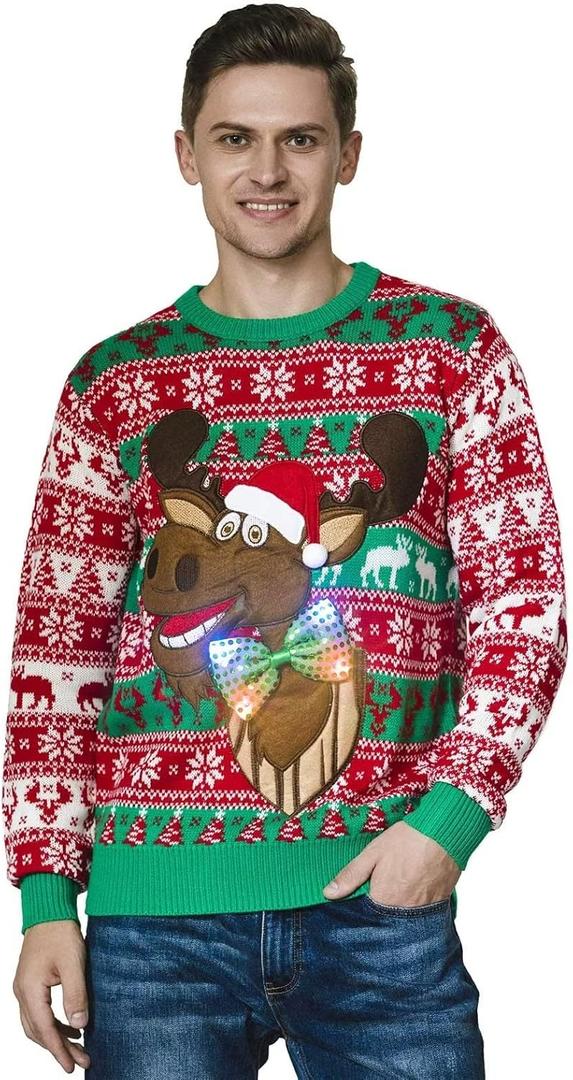 Unisex Men's Ugly Christmas Sweater LED Light Funny Novelty Knit Pullover (Medium)