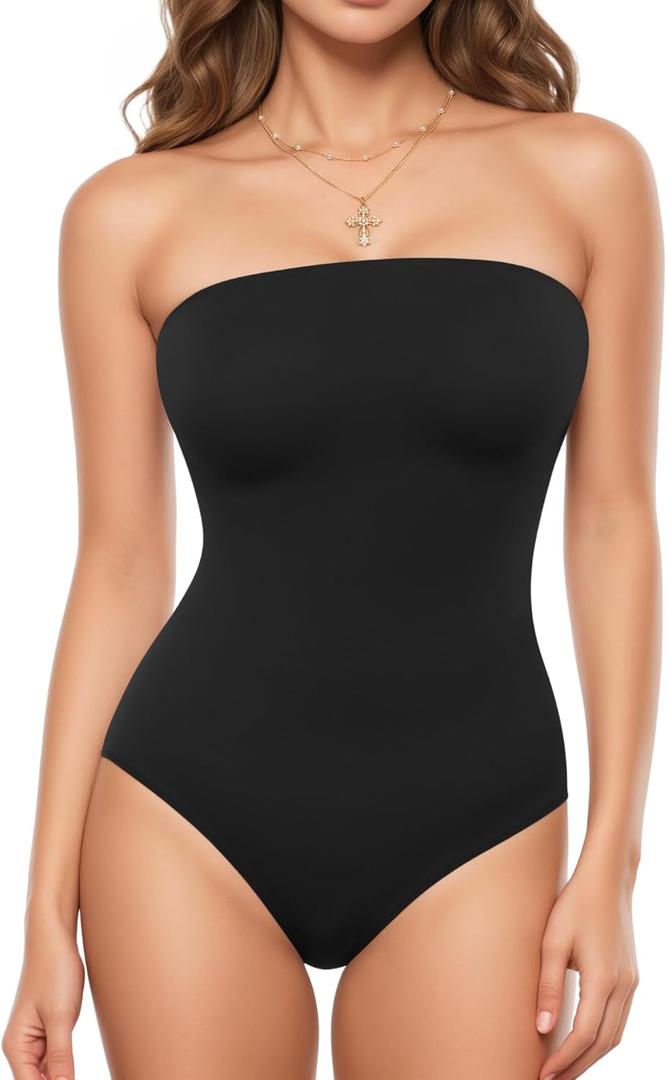 MANGOPOP Womens Strapless Thong Bodysuit Sexy Tube Top Off The Shoulder Double Lined Bodysuits Summer Going Out Tops, Medium