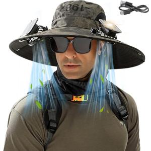 Solar Fan Hat for Men Women, Wide Brim UPF50+ Sun Hat with 2 Removable Fan 3-Speed Wind Solar&USB Charging (Camo Green)