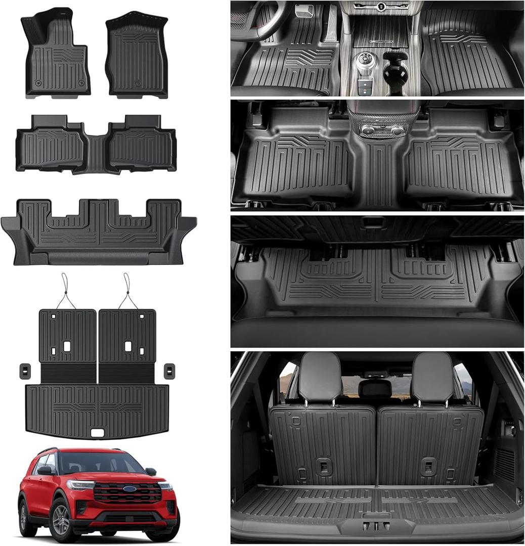 Floor Mats for 2020-2025 2026 Ford Explorer 7 seat Accessories, Cargo Mat with Backrest Mat All Weather TPE Waterproof for Ford Explorer 7 Passenger Bench Seat ST Accessories 2025 2024 2023