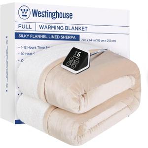 Westinghouse Full Size Heated Blanket, Soft Flannel & Sherpa, 10 Heating Levels, Auto Shut Off, Machine Washable, Beige, 72x84 Inch
