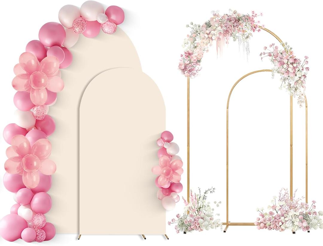 SuuWoee Arch Backdrop Stand Set of 2 With Beige Cover (7.2FT+6FT),Gold Metal Wedding Arch Balloon Stand With Cover for Birthday Party Baby Shower Graduation Ceremony Decoration