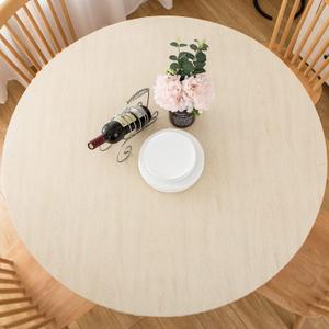 Round Vinyl Fitted Tablecloth, Waterproof Elastic Table Covers Wipeable Flannel Backed Tablecloths for Picnic Camping Indoor and Outdoor (Beige Wood, Fits 57" to 65" Diameter Tables)