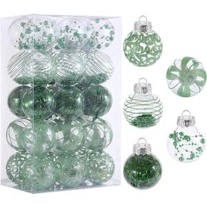 60MM/2.36" Christmas Ornaments Set, 30pcs Green Clear Christmas Ornaments Shatterproof Decorative Baubles for Xmas Tree Ornament Decorations Balls for Wedding Holiday Party Indoor Outdoor Decor