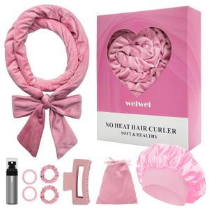 weiwei Heatless Overnight Curling Headband, 70" Soft Hair Rollers to Sleep In, Long Wave Hair Wrap for Women, 9PCS Curling Rod Gift Set (Pink)