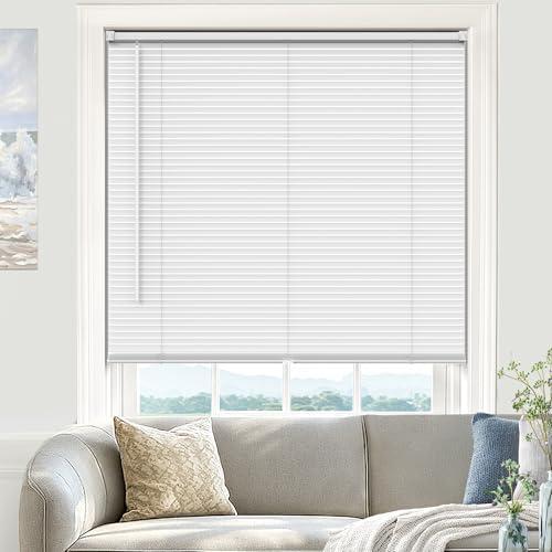 UNISHADES Blinds for Indoor Windows 1" Vinyl L-Shaped Slats Cordless Mini Blinds for Home, 35" W × 64" H - White