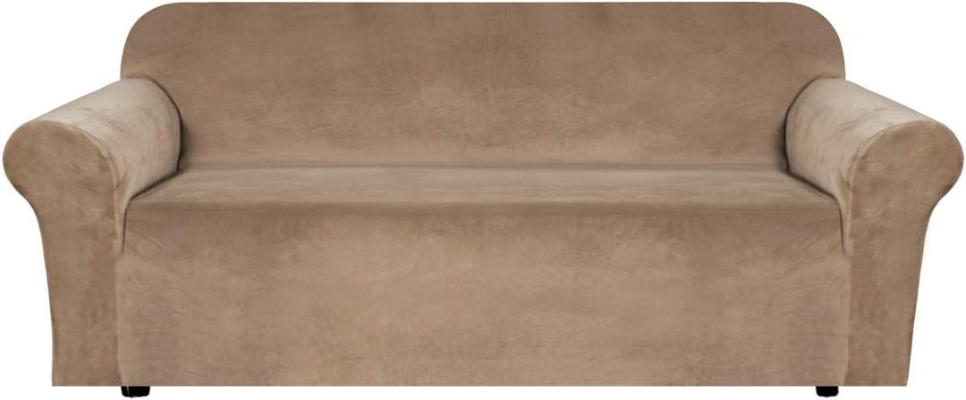 H.VERSAILTEX Stretch Velvet Sofa Covers for 3 Cushion Couch Covers Sofa Slipcovers Furniture Protector Soft with Non Slip Elastic Bottom, Crafted from Thick Comfy Rich Velour (Sofa 72"-90", Camel)