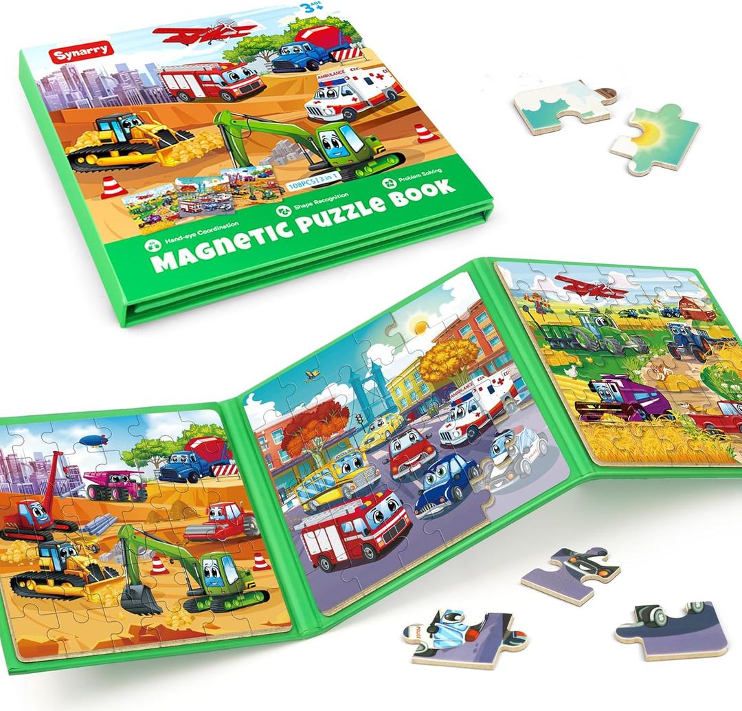 SYNARRY Vehicle Theme Magnetic Puzzles for Toddlers 3-5, 36 Pieces Travel Puzzles for Kids Ages 4-8, Easter Basket Stuffers Valentines Day Gifts for Kids, Car Airplane Road Trip Activities Toys