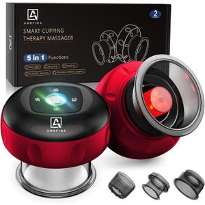 5-in-1 Cupping Kit for Massage Therapy, 12 Levels Smart Dynamic Cupping Set with Red Ligh-t Therapy&Heat Penetrates for Targeted Pain Relief, Knots, Aches, Muscle Soreness - 2Pcs(Red&Red)