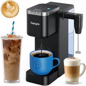 Single Serve Coffee Maker with Rechargeable & Detachable Milk Frother, Iced and Hot Coffee Machine for K Cup & Grounds, 40oz Removable Water Reservoir, 6 Cup Sizes, Fits 7.3" Travel Mug, Black