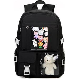 Kawaii Backpack for Teen Girls, Cute Aesthetic High Middle School College Bookbag with Accessories, Black (Medium)