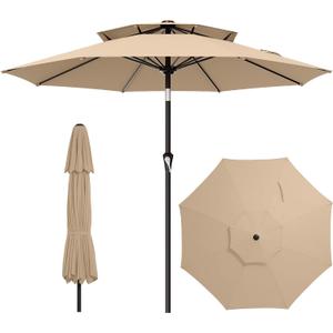 AreShark 10ft 2 Tiers Patio Umbrella - Outdoor Umbrella Waterproof UV Protection, Market Table Umbrella w/Push Button Tilt&Crank for Pool, Porch, Garden(Beige)