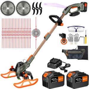 12-Inch Cordless String Trimmer & Edger, (2 x 21V 6.0Ah Electric Brush Cutter Battery Powered), with Auxiliary Bracket, Side Ball, 90 Rotary Head, Telescopic Handle, 3 Cutting Methods