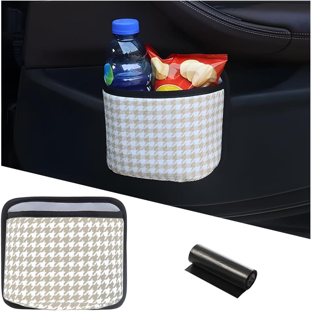 Car Trash Can, Mini Foldable Vehicle Garbage Organizer with 15PCS Bin Bag, Check Pattern Auto Interior Hanging Bin Container Accessoies, Universal for SUV Sedan Truck (Beige/White)