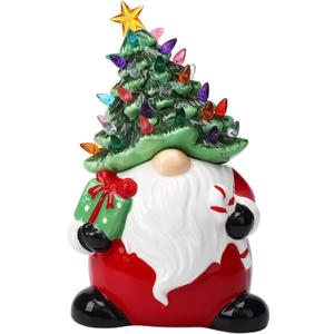 Table Top Christmas Decorations, 13" Ceramic Santa Figurine, Desk Christmas Tree, Pre-lit Battery Operated Vintage Santa Tree Ornaments with 50 Multicolored Lights + 1 Star Toppers Indoor Centerpiece