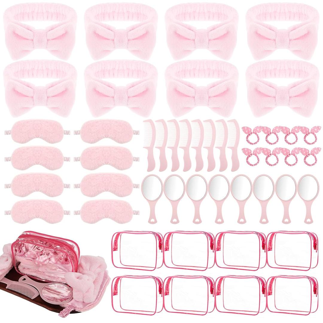48 Set Spa Sleepover Party Supplies for Girls, 8 Pink Spa Headband 8 Sleep Eye Mask 8 Hairbands 8 Organizer Bags 8 Mirrors 8 Combs for Slumber Favors Gift Sleepover Party