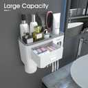 Bathroom Toothbrush Holder Wall Mounted with Auto Toothpaste Dispenser - No Drill Bathroom Storage Organizer with 2 Cups, Drawer, and Shelf for Family Bathroom, Gray