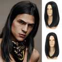 Sallcks Mens Long Wig Long Black Straight Wig for Men Middle Part Synthetic Heat Resistant Hair Wigs for Daily Party Costume Halloween (Black)