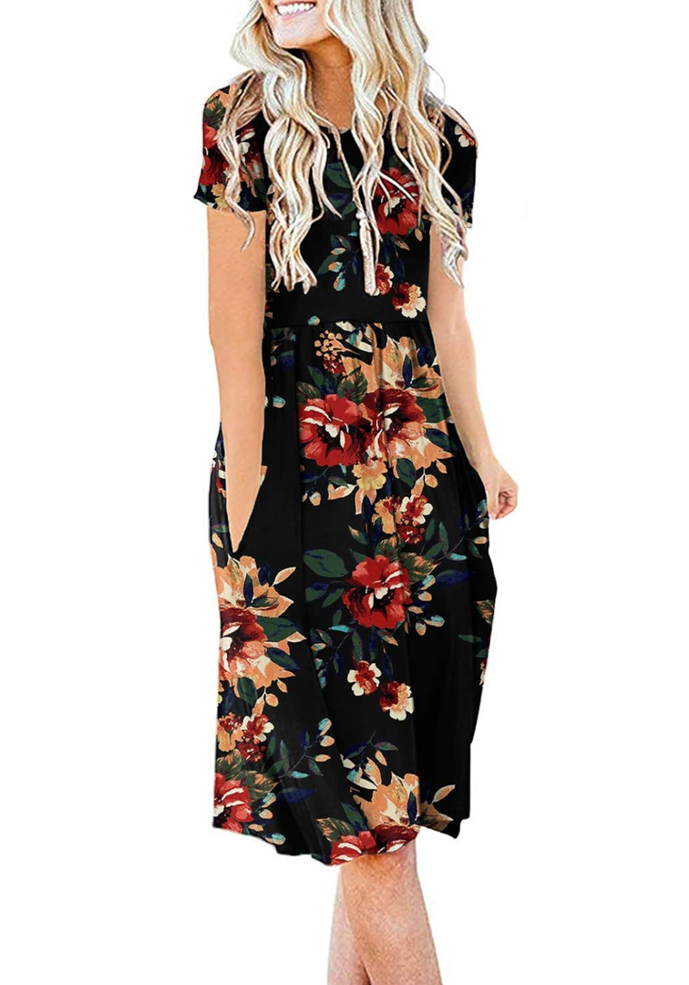 DB MOON Women Summer Casual Short Sleeve Dresses Empire Waist Dress with Pockets 2XL
