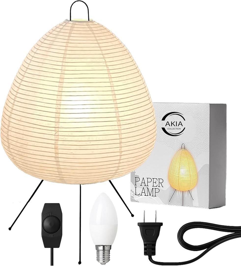 Noguchi Akari Rice Paper Lantern Lamp - Dimmable Japanese Table Lamp with Washi Paper Shade, Bulb Included - Japandi Bedside, Desk Light (Small)