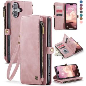 Defencase Compatible with iPhone 17 Case Wallet with RFID Blocking Card Holder for Women and Men, Fashion PU Leather Magnetic Snap Flip Zipper Strap Wallet Phone Case for iPhone 17 6.3", Rose Pink