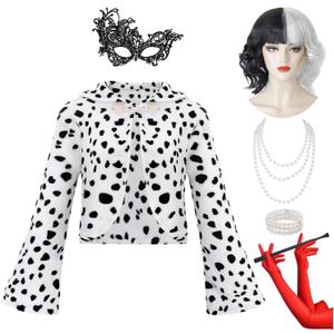 8pcs Adult Cruella Deville Costume Women for Halloween Costume Cosplay Dalmatian Shawl with Accessorie Black White Wig