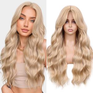 WIGNEE 26 Inch Long Curly Wavy Wig for White Women Synthetic Middle Part Honey Blonde Hair Wig Glueless with Bangs Natural Hairline Looking Wear and Go for Daily/Cosplay/Halloween