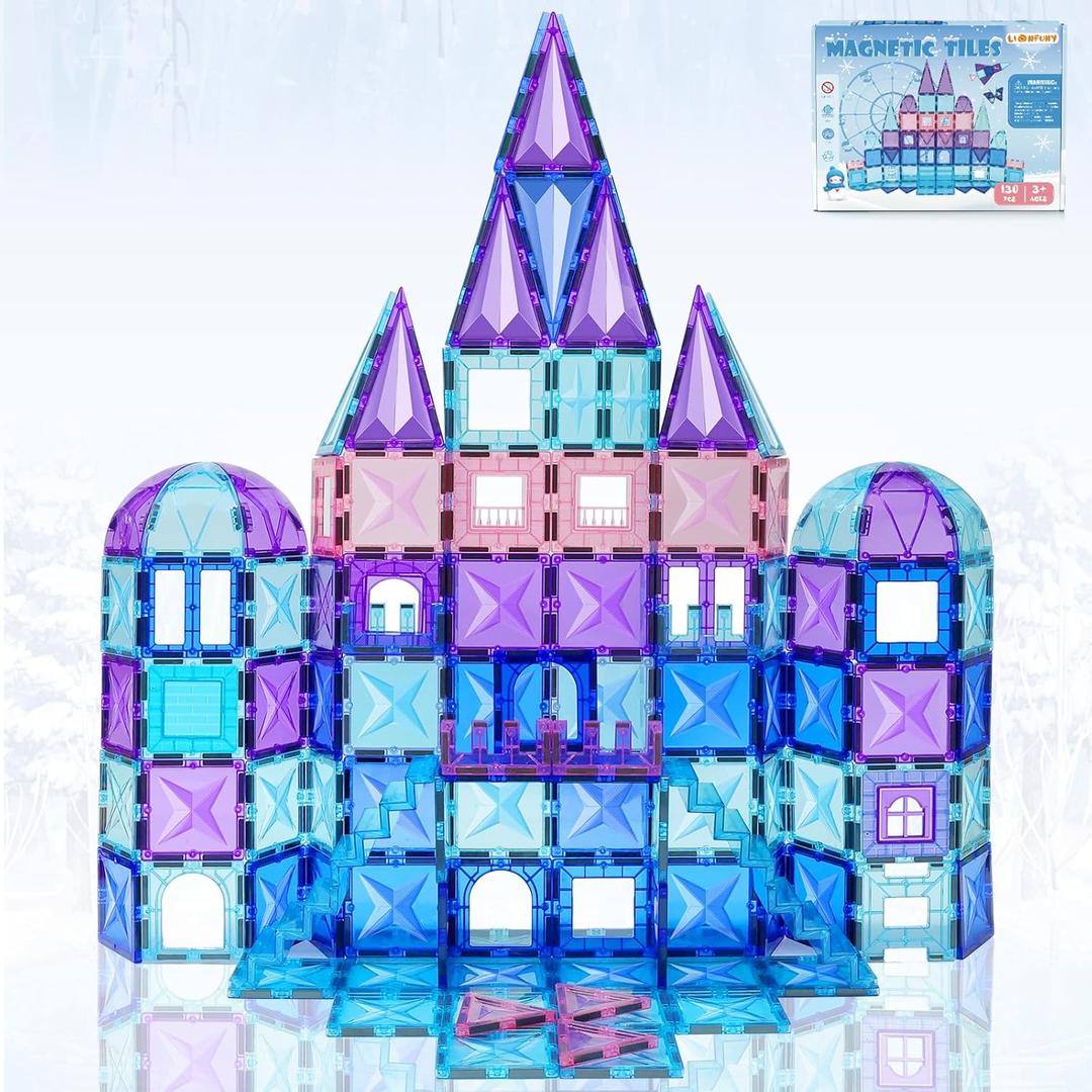 LionFuny 130PCS Magnetic Tiles, 3D Diamond Magnetic Blocks, Magnet Tiles for Kids Age 3-5 4-8 8-12, STEM Sensory Educational Magnet Toys for Kids Girls Boys Birthday Xmas Gifts