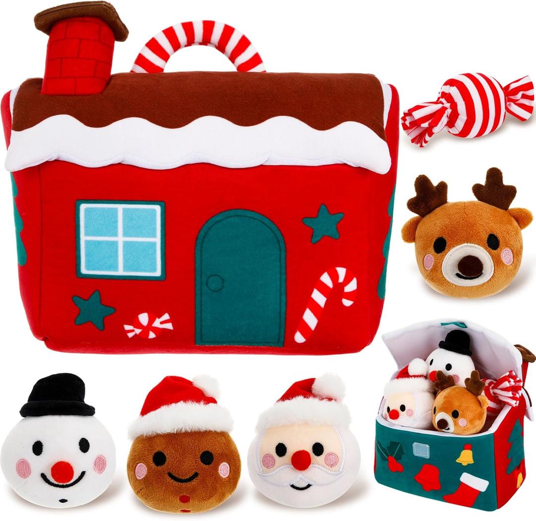 Jenaai 6 Pcs Christmas Baby Toys Gifts Soft Gingerbread House Plush Santa Snowman Elk Gingerbread Man Candy Stuffed Animals for Babies Sensory Xmas Toys Stocking Stuffers Birthday Party Supplies